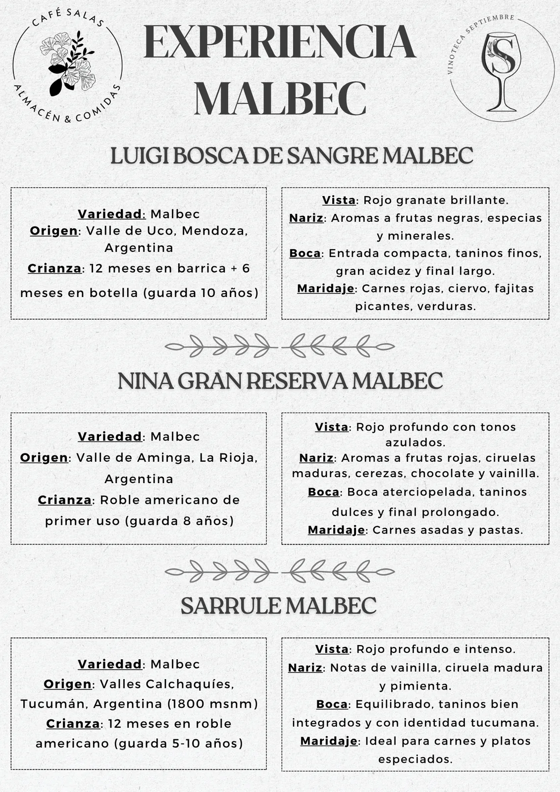 Folleto de experiencia gastronómica en Café Salas